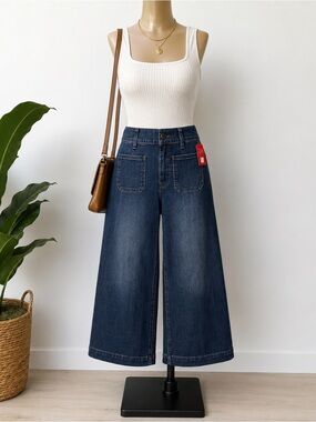 SPANX Cropped Wide Leg Jeans NWT 1X Dark Wash High Rise Stretch Denim